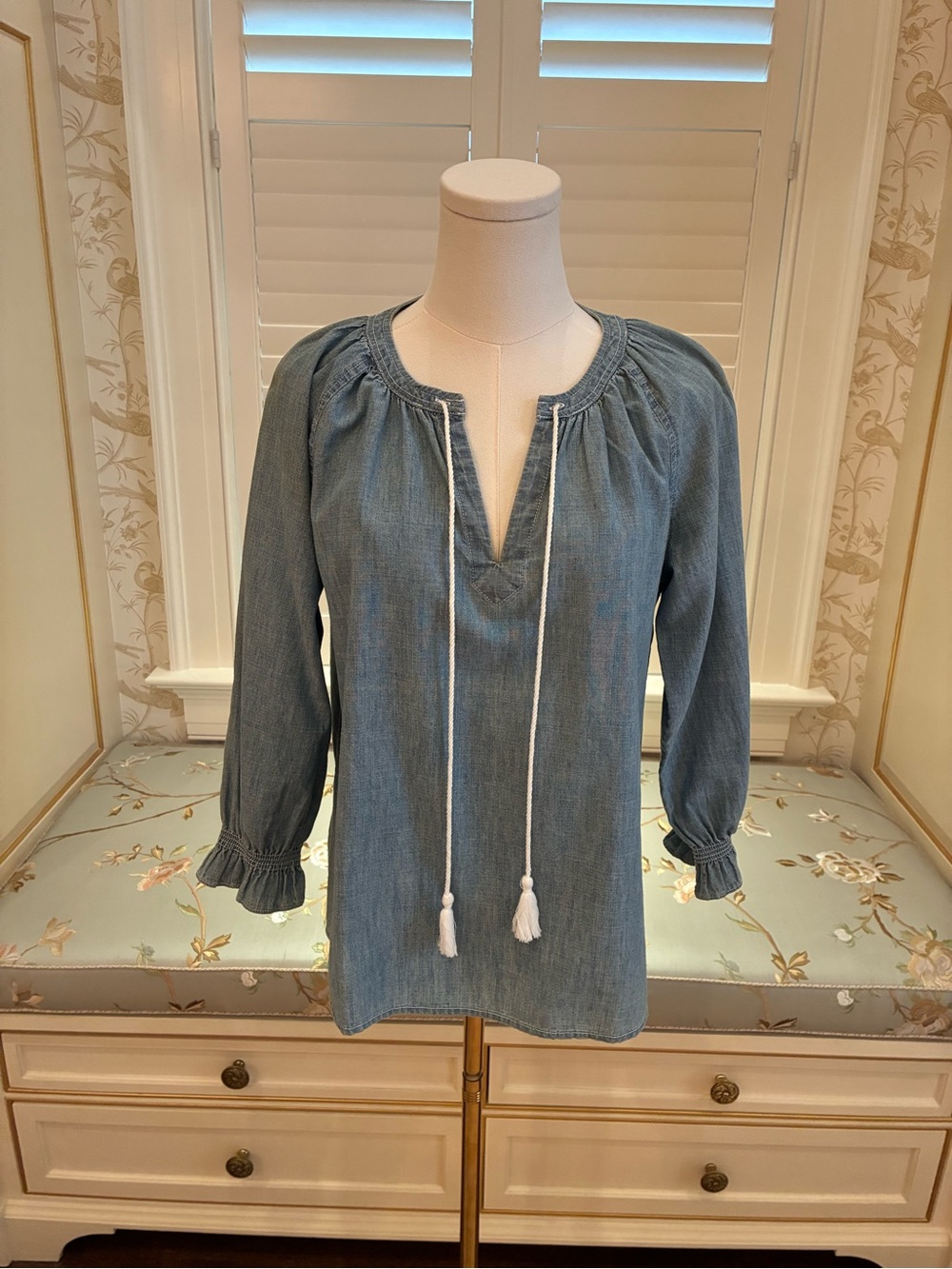 Lauren Ralph Lauren Blue Chambray Top with White Tassels